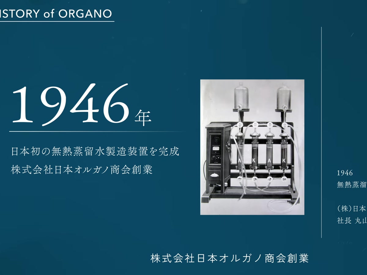 オルガノ株式会社様 80年のあゆみ｜1946年の創業と当時の製造装置を紹介する年表